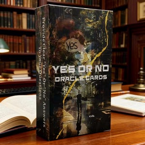 Könnte beinhalten: Eine rechteckige Schachtel mit "YES OR NO ORACLE CARDS" mit einem dunklen, künstlerischen Design. Die Schachtel zeigt das Wort "Yes" in einer Sprechblase und den Text "Klare 'Ja'- oder 'Nein'-Antworten auf Ihre Fragen geben".