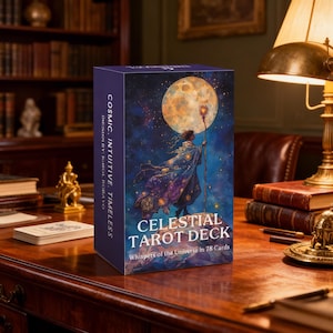 May include: A Celestial Tarot Deck box with a celestial illustration featuring a figure with a staff in front of a full moon. The box has text that reads "Cosmic, Intuitive, Timeless" and "Celestial Tarot Deck". The deck contains 78 cards.