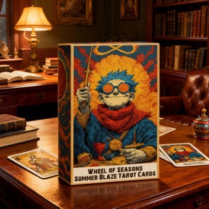 Puede incluir: Una caja de cartas del tarot con el texto "WHEEL OF SEASONS SUMMER BLAZE TAROT CARDS" presenta una colorida ilustración de un personaje con cabello azul, gafas naranjas y una bufanda roja. La caja está sobre una mesa de madera con otras cartas del tarot.