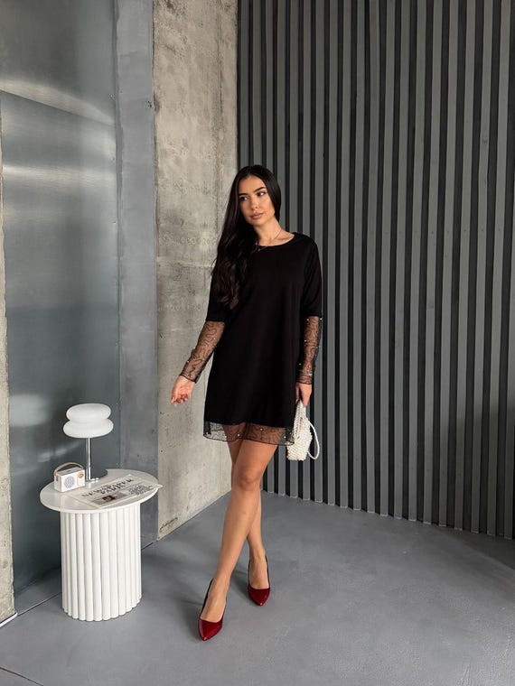 long sleeve lace dress uk Aurelie Long Sleeve Lace Mini Dress - Black main image 1