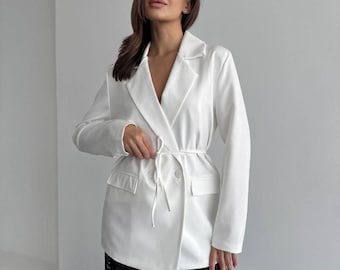 Tailored Blazer with Lining for Women, Classic Straight Cut Blazer with Belt and Pockets, Elegant Office or Occasion Wear, Made in Ukraine