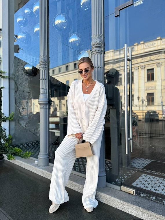 Women Knit Lounge Set, Soft Wool Blend Cardigan and Pants, Cozy Comfortable Two Piece Outfit, Relaxed Fit Homewear, Made in Ukraine