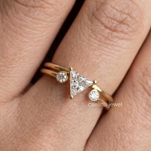Trillion Cut Moissanite Wedding Ring Set In 18K Gold Vermeil, Round Diamond Two Stone Bezel Set Ring,Open Wrap Engagement Ring, Promise Ring