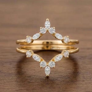 Marquise & Round Moissanite Enhancer Ring, Aggie Engagement Ring, Half Eternity Wrap Guard ,V Shape Chevron Ring Jacket, Crown Wedding Band