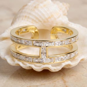 Baguette Cut Moissanite Channel Set Wedding Band, Personalized Double Band Open Cuff Ring, Bold Statement Ring, Adjustable Engagement Ring