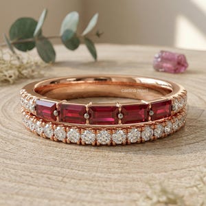 Ruby Baguette & Colorless Round Cut Moissanite Wedding Band, Ruby Eternity Ring, 18K Gold Vermeil Stackable Band, Customized Birthstone Ring