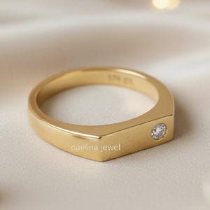Flush Setting Wedding Band, Flat Rectangle Shape Ring, Signet Wedding Band, Round Cut Colorless Moissanite Engagement Ring, Unisex Gift Ring