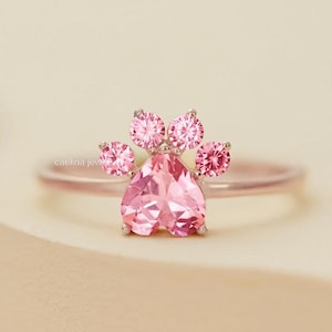 Heart Shape Moissanite Ring, Pink Ruby Diamond Wedding Ring, Dog Paw Ring, Animal Inspired Ring For Pet Lovers, Five Stone Ring, Gold Ring