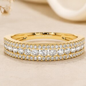 14K Yellow Gold Triple Row Diamond Wedding Band, Round Brilliant Cut Pave Half Eternity Ring, Stackable Anniversary Ring, Bridal Shower Ring