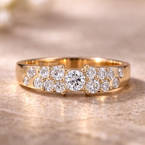 Round Cut Art Deco Moissanite Engagement Ring, 18k Gold Vermeil Cluster Diamond Wedding Band, Stackable Band For Brides, Anniversary Gifts