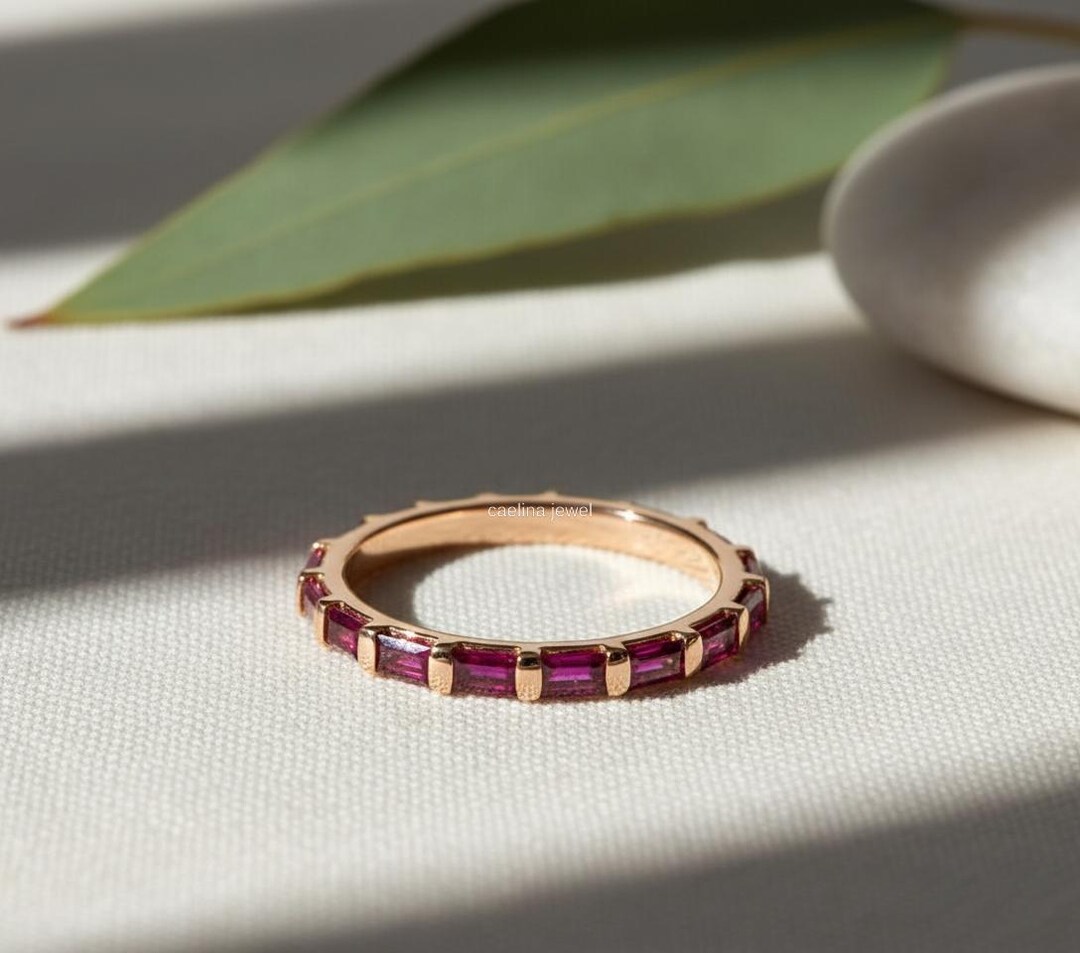 Full Eternity Rainbow Band, Pink Ruby Baguette Cut Wedding Band ...