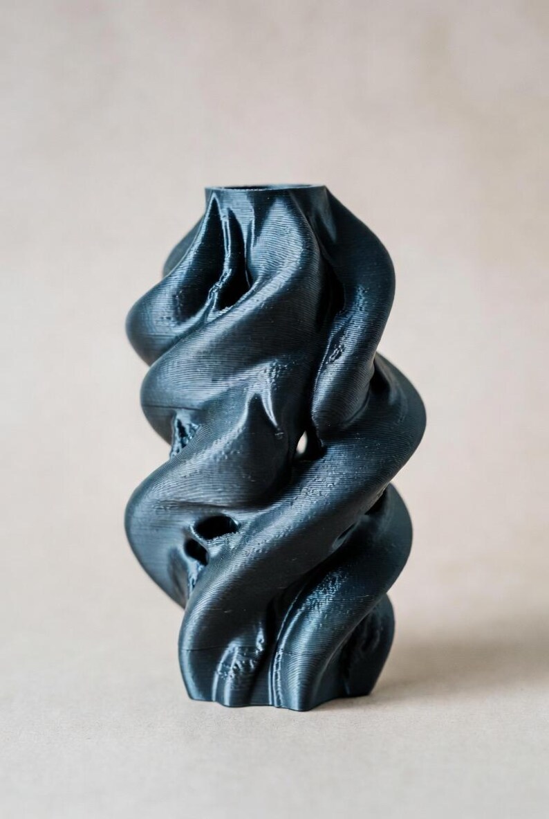 May include: A dark gray, abstract vase with a twisted, organic design. The vase has a textured surface and a narrow opening at the top. The design features several openings along the sides.