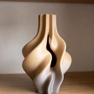 May include: A beige, abstract vase with a unique, flowing design. The vase has a textured surface and a dark interior visible through a central opening. The form is reminiscent of organic shapes, suitable for home decor.