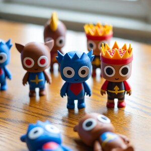 May include: A collection of colorful, stylized figurines with large eyes and unique outfits. The figures are primarily blue, brown, and red, with some wearing crowns. They are arranged on a wooden surface.