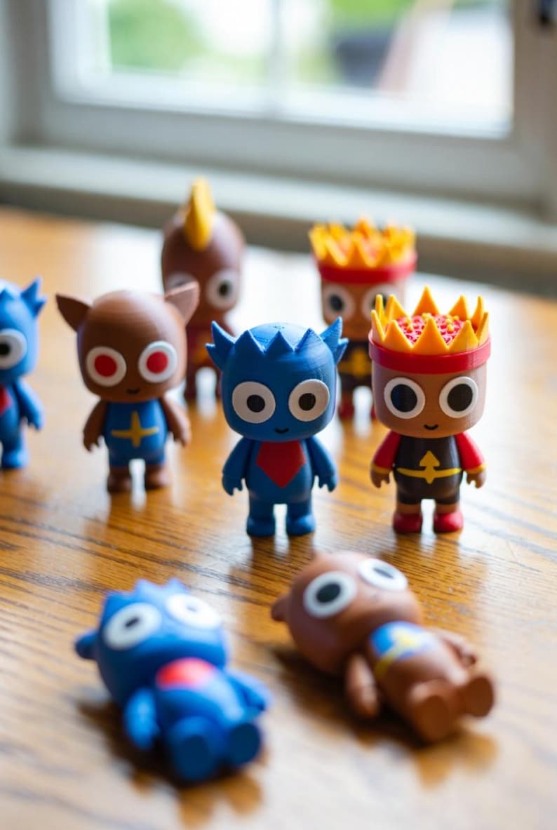 May include: A collection of colorful, stylized figurines with large eyes and unique outfits. The figures are primarily blue, brown, and red, with some wearing crowns. They are arranged on a wooden surface.