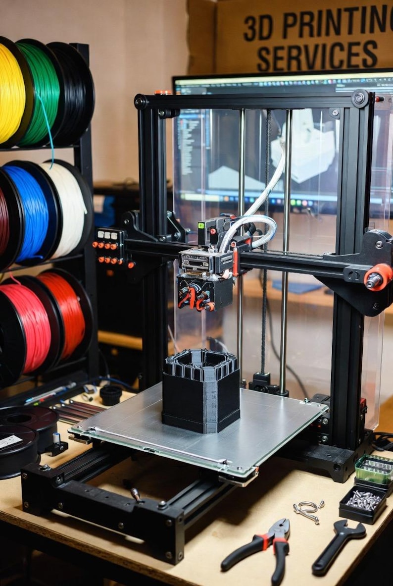 May include: A 3D printer in operation, constructing a black, multi-tiered structure. The printer has a black frame with orange accents, a clear enclosure, and a heated bed. Spools of colorful filament are visible on a rack. The text "3D PRINTING SERVICES" is in the background.