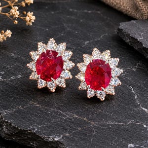 Ruby Halo Stud Earrings in 925 Sterling Silver, Oval Cut Ruby Earrings, July Birthstone Jewelry, Lab Diamond Halo Studs, Anniversary Gift