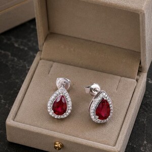 Ruby Halo Stud Earrings 925 Silver Pear Cut Earrings, July Birthstone Jewelry, Wedding Earrings, Anniversary Gift for Her