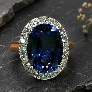 5Ct Oval Blue Sapphire Halo Ring in 925 Sterling Silver, Vintage Inspired Engagement Ring, Lab Diamond Statement Jewelry,
