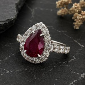 Könnte beinhalten: Ein silberner Ring mit einem birnenförmigen Rubin, umgeben von einem Kranz aus kleinen Diamanten. Der Rubin hat eine tiefe rote Farbe, und die Diamanten funkeln. Der Ring liegt auf einer schwarzen Oberfläche.
