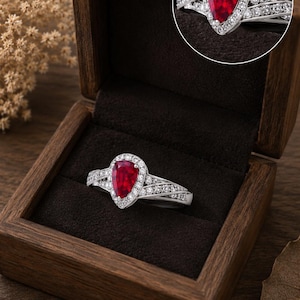 Ruby Pear Halo Engagement Ring 2.70CT | 7x9mm Red Gemstone Split Shank Ring | Vintage Inspired Silver Promise Ring | Lab Diamond Halo