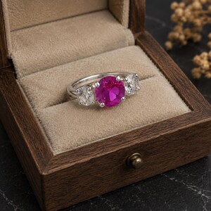 May include: A silver ring featuring a central, round, magenta gemstone, with two smaller, square, clear stones either side. The ring is presented in a wooden jewellery box with a beige velvet lining.