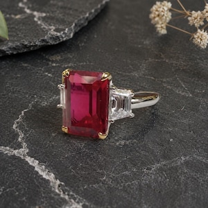 3.80CT Emerald Cut Ruby Ring in 925 Sterling Silver, Halo Diamond Inspired Engagement Ring, Vintage Style Anniversary Jewelry, Handmade