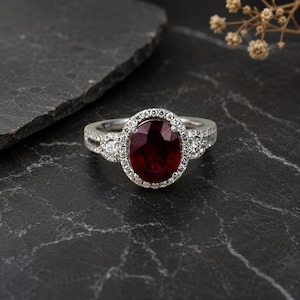 Vintage Oval Ruby Halo Ring in 925 Sterling Silver, 1.80CT Deep Red Ruby Engagement Ring, Diamond Accent Anniversary Jewelry Gift for Women