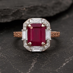 Ruby Halo Ring in 925 Sterling Silver, Art Deco Engagement Ring, Vintage Inspired Bridal Statement Jewelry, Anniversary Gift for Her