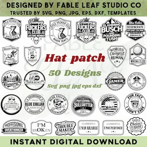 50 Funny Hat Patch SVG, Gag Gift for Cricut, Badge Designs, Laser Cut Hat Patch, Retro Western SVG PNG, Cap Patch Svg, Tooled Leather Patch