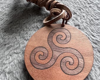 Triskelion Solid Maple and mahogany  2in Diameter Necklace with cord