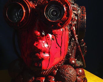 Red Mechanoid Head: Original HR Giger Inspired Assemblage Sculpture