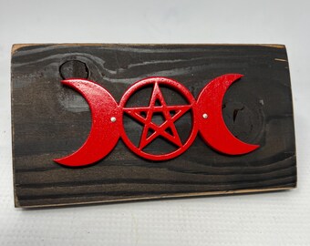 Red Triple Goddess pentacle altar plate wall hanger 3.25x6 in