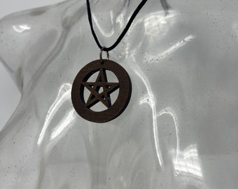 Solid Walnut Pentacle Amulet  2in Dia  with leather cord