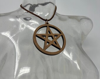 Solid Maple Pentacle 3 in Diameter Amulet with knotted leather cord