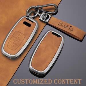 May include: Two brown leather key fob covers with silver-colored metal trim. One has key symbols embossed on the leather. A matching leather strap with the name "Elizabeth Taylor" is attached to a metal carabiner clip. The words "CUSTOMIZED CONTENT" are at the bottom.