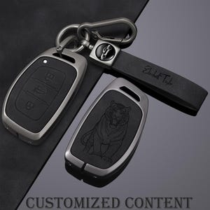 Personalized leather key fob cover for Hyundai Kia Tucson Santa Fe Elantra 3/4 push-button keys – aluminum frame, full grain protection.
