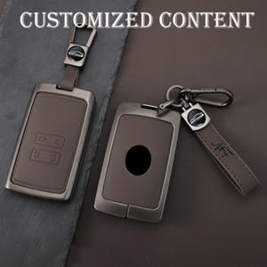 May include: Two brown leather key fob cases with metal frames and keychains. One case has a black circle, the other has buttons. The text "CUSTOMIZED CONTENT" is at the top.