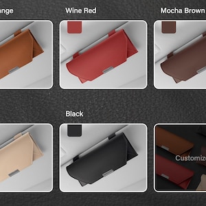 May include: A collection of rectangular eyeglass cases with a flap closure and a small metallic accent. The cases are available in orange, wine red, mocha brown, beige, and black. A final panel displays these cases with the text Customized >>.