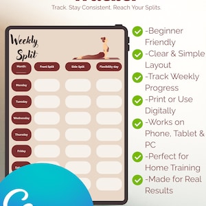May include: A digital weekly split training tracker with a beige background. The tracker includes sections for front splits, side splits, and flexibility days. The design includes the text "Weekly Split Training Tracker" and is labeled as beginner-friendly.