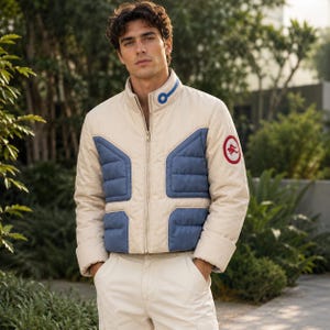 May include: Cream-colored jacket with blue quilted panels and a red circular patch. The jacket has a stand-up collar with a blue accent and a full zipper. The person is wearing matching cream-colored pants. The jacket is a stylish outerwear option.