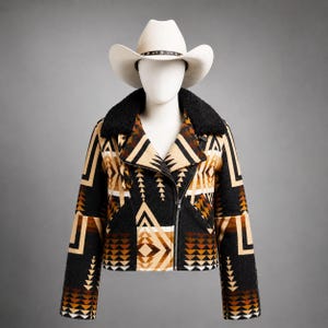 May include: A white cowboy hat with a dark band sits atop a jacket featuring a black, tan, and brown geometric pattern. The jacket has a black faux-shearling collar, long sleeves, and a diagonal front zipper closure with a cropped hemline.