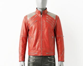 Chaqueta de Michael Jackson "Beat It" - Traje de cuero rojo de motociclista para hombre - Abrigo tributo a MJ estilo concierto - Edición premium hecha a mano