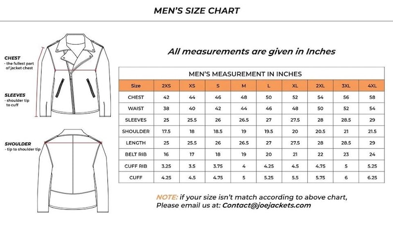 Puede incluir: Tabla de tallas de chaquetas con medidas en pulgadas. La tabla incluye medidas de pecho, cintura, manga, hombro, largo, cintur&oacute;n, pu&ntilde;o y pu&ntilde;o. Un diagrama ilustra d&oacute;nde medir en la chaqueta.