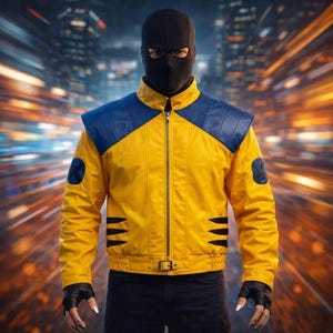 May include: A yellow jacket with blue shoulder panels, a front zipper, and black claw-like graphics on the sides. The jacket features circular blue patches with a black X on each sleeve. A black balaclava covers the head, and black fingerless gloves with metallic claw tips are worn on the hands.
