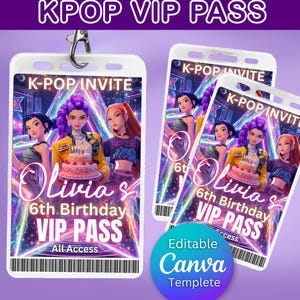 Pase VIP de cumpleaños de Demon Hunter de K-pop, credencial de Huntrix, tarjeta VIP imprimible de K-pop, recuerdos de fiesta, pase de fiesta de K-pop, editable, descarga digital