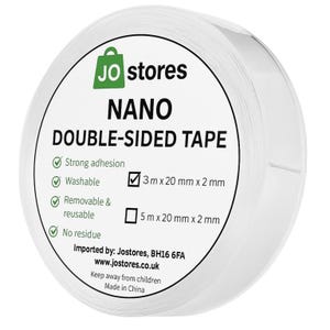 May include: A roll of clear, double-sided nano tape. The label reads "Jo stores NANO DOUBLE-SIDED TAPE" with features like strong adhesion, washable, removable, and no residue. The tape is available in 3 m x 20 mm x 2 mm.