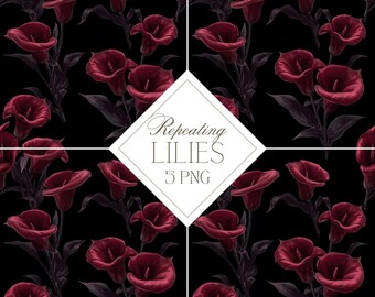 Seamless Repeating Pattern: Gothic Lilies, Dark Floral Digital 5 Pack with Romantic Lily