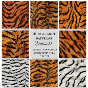 Puede incluir: Nueve imágenes cuadradas que muestran patrones de piel de tigre. Los patrones presentan rayas naranjas y negras, con variaciones en textura y color. Un cuadrado central incluye el texto "21 TIGER SKIN PATTERNS Seamless". La imagen detalla la descarga digital.