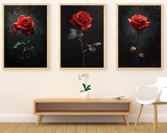 Dark Moody Rose Print Set, Gothic Floral Wall Art (Digital Download)